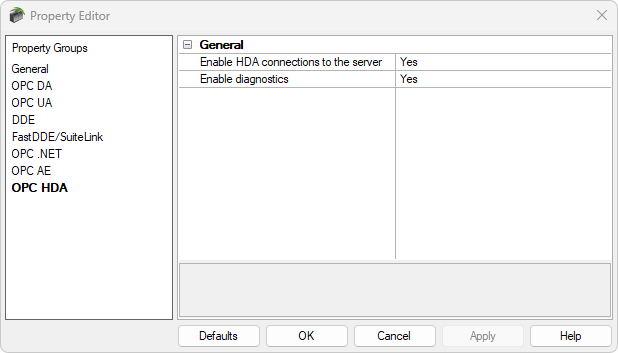 A group of tags are defined to scan and historize their values every second. The OPC HDA interface must be enabled on the server to allow client connectivity.