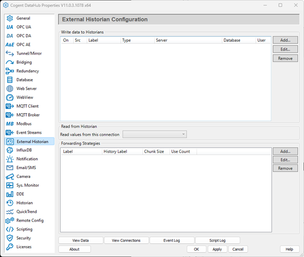 Within Cogent DataHub, the OPC HDA plug-in is found under the External Historian tab. Selecting Add at the top-right will open a new configuration window, under Historian Type Classic OPC HDA can be selected.