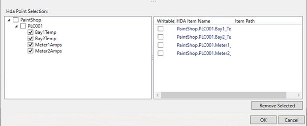 Once the server connection is defined, points may be selected in the bottom section, this will determine which tags are made available in the DataHub namespace.