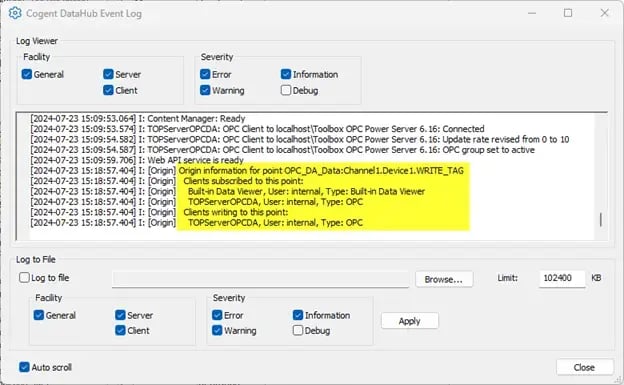 Cogent DataHub OPC Event Log