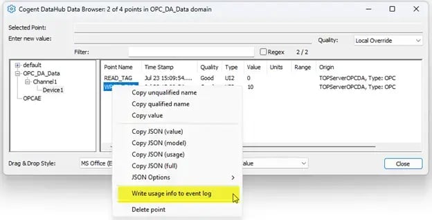 Cogent DataHub OPC Right Clicked Data Point Write to Event Log