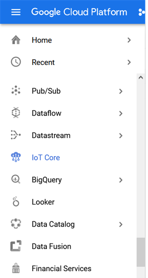 Screenshot - IoT Core menu in Google Cloud IoT Core