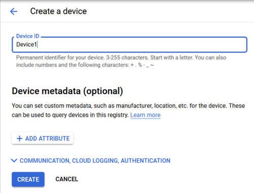 Screenshot - Device properties in Google Cloud IoT Core
