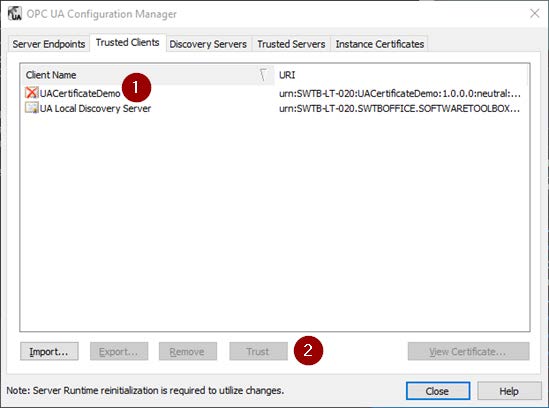 Screenshot - Example of trusting an OPC UA certificate in TOP Server