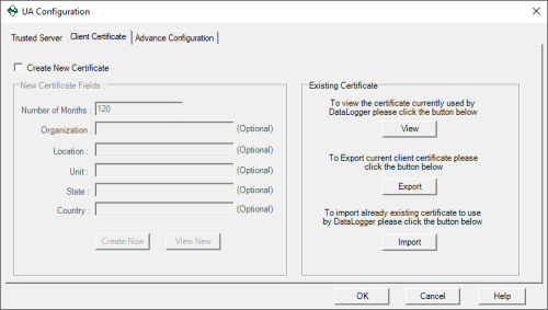 Screenshot - OPC Data Logger OPC UA Client Certificate options