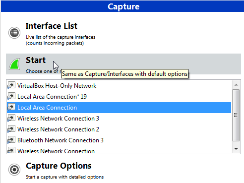 Selecting the Network Interface in Wireshark