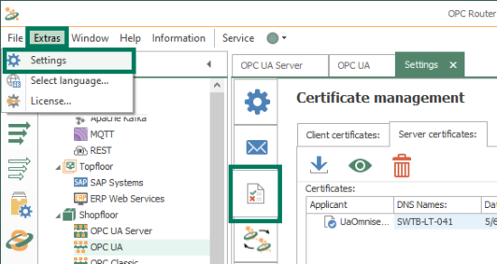 Screenshot - Accessing OPC Router Certificate Management
