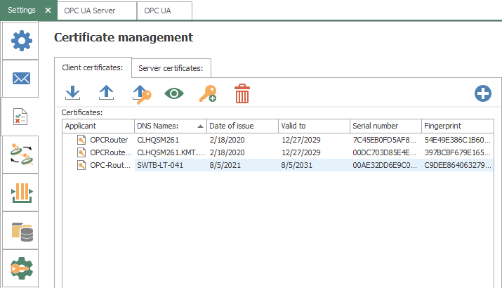 Screenshot - OPC Router's Client/Server Security Certificates