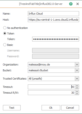 Screenshot - OPC Router InFluxDB2 Cloud Settings