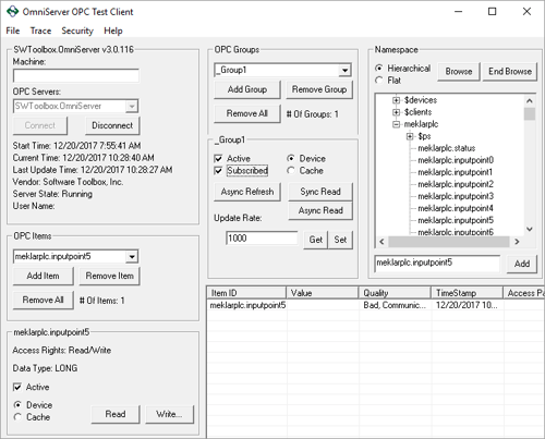 A Sample OPC DA Test Client Installs with OmniServer