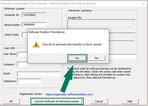 Screenshot - Transferring OmniServer software license to hardware