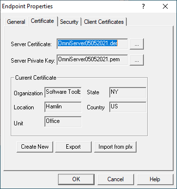 Screenshot - OmniServer Certificate Settings for OPC UA Endpoint