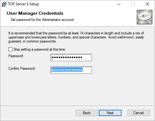 Setting TOP Server Administrator user password during installation