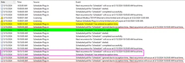 TOP Server Scheduler Exceptions Event Log