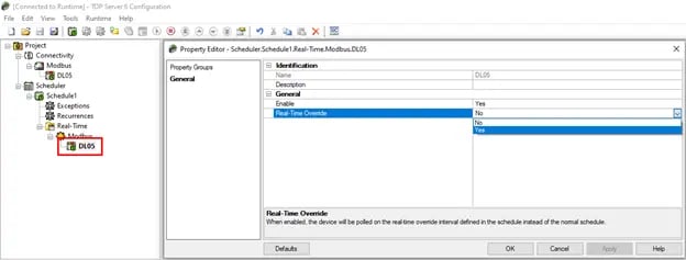 TOP Server Scheduler Real Time Override Enabled
