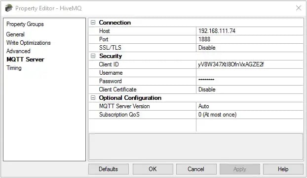 TOP Server Hive MQ Channel Config