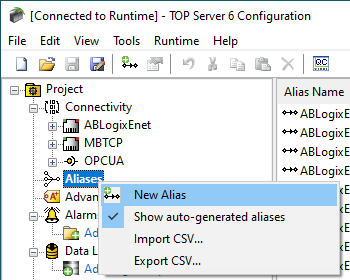 Screenshot - Option 1 for adding new aliases in TOP Server