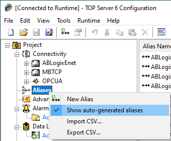 Screenshot - Option 1 for hiding auto-generated aliases in TOP Server