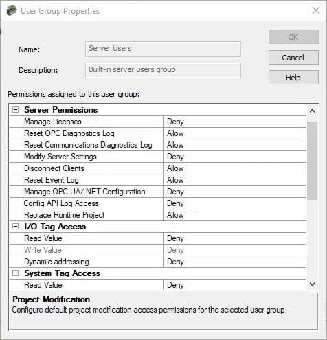 TOP Server User Group Properties Edit