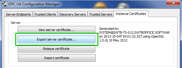 Exporting TOP Server OPC UA Server Certificate