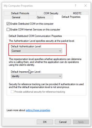 Screenshot - Default DCOM Authentication Level