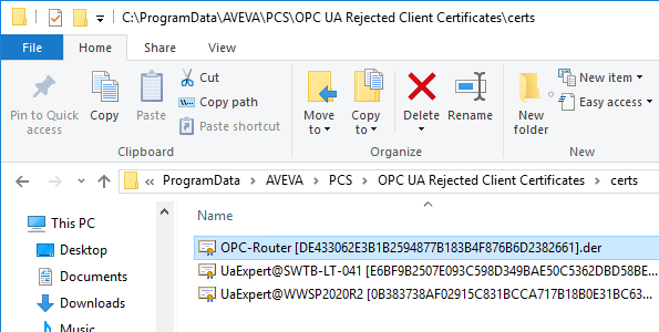 Screenshot_AVEVA_Rejected_UA_Certs_OPCRouter_Cert