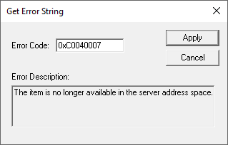 Screenshot - Get Error String Tool in OPC Quick Client