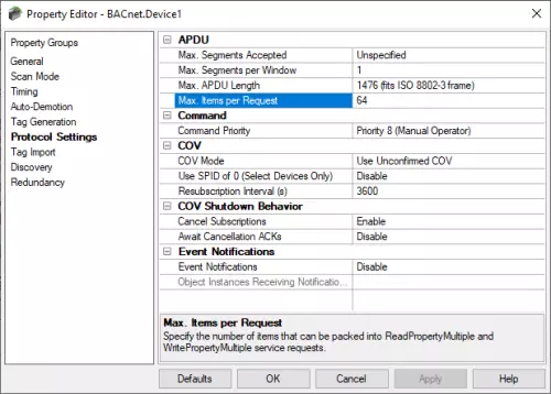 Screenshot - TOP Server BACnet Maximum Items per Requests Increased